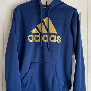 Women's Adidas Hoodie Sweatshirt Kangaroo Pocket Blue Gold Size Medium.